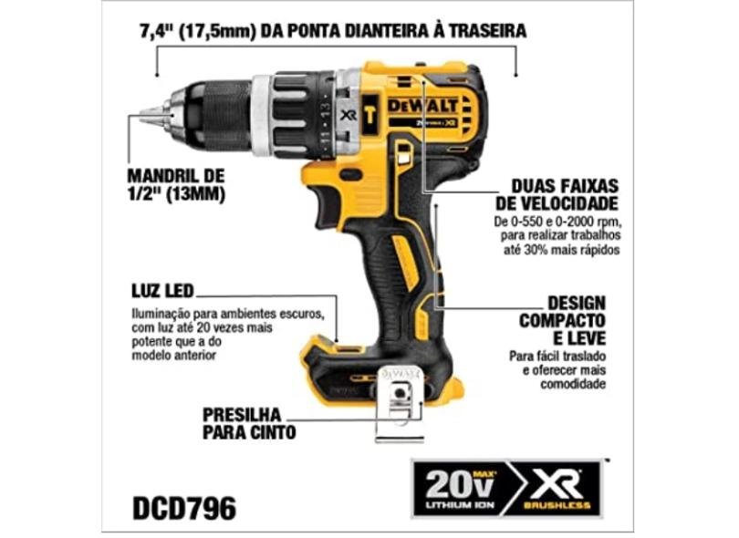 PARAFUSADEIRA E FURADE IMPACTO 20V S/BATERIA DEWALT DCD996B - 3