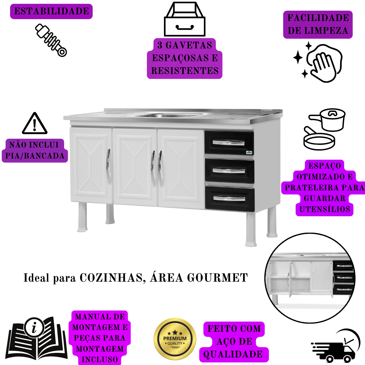 Gabinete Moderno Aço Cozinha Pia Gavetas Resistente:gaveta Preta - 3