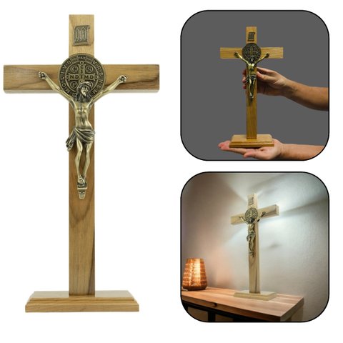 Crucifixo Cruz de Mesa e Parede Medalha de São Bento Madeira 34 Cm Canção Nova 04.06456