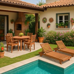 Conjunto Mesa Redonda 4 Cadeiras Empilháveis e 2 Espreguiçadeiras Madeira Maciça