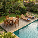 Ver imagem 1 de Conjunto Mesa Redonda 4 Cadeiras Empilháveis e 2 Espreguiçadeiras Madeira Maciça