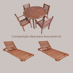 Conjunto Mesa Redonda 4 Cadeiras Empilháveis e 2 Espreguiçadeiras Madeira Maciça - 10