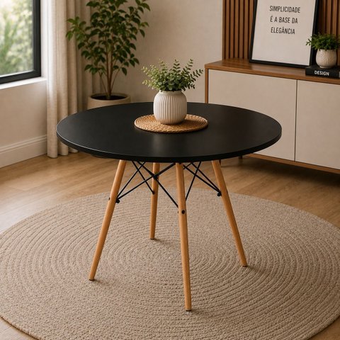 Mesa de Jantar Eiffel Redonda 120cm Preta com Pés de Madeira – Design Moderno
