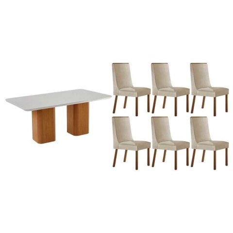 Conjunto: Mesa Sala Jantar Maldivas C/ Tampo Madeirado C/ Vidro Canto Curvo 180x90cm e 6 Cadeiras
