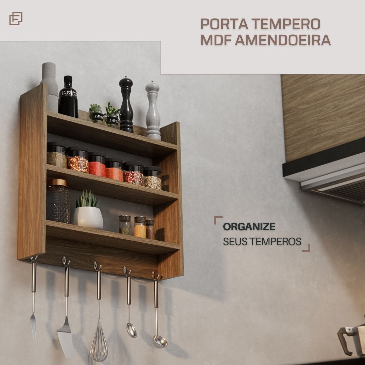 Porta Condimentos de Parede para Temperos Cor Amendoeira com 3 Prateleiras - 5