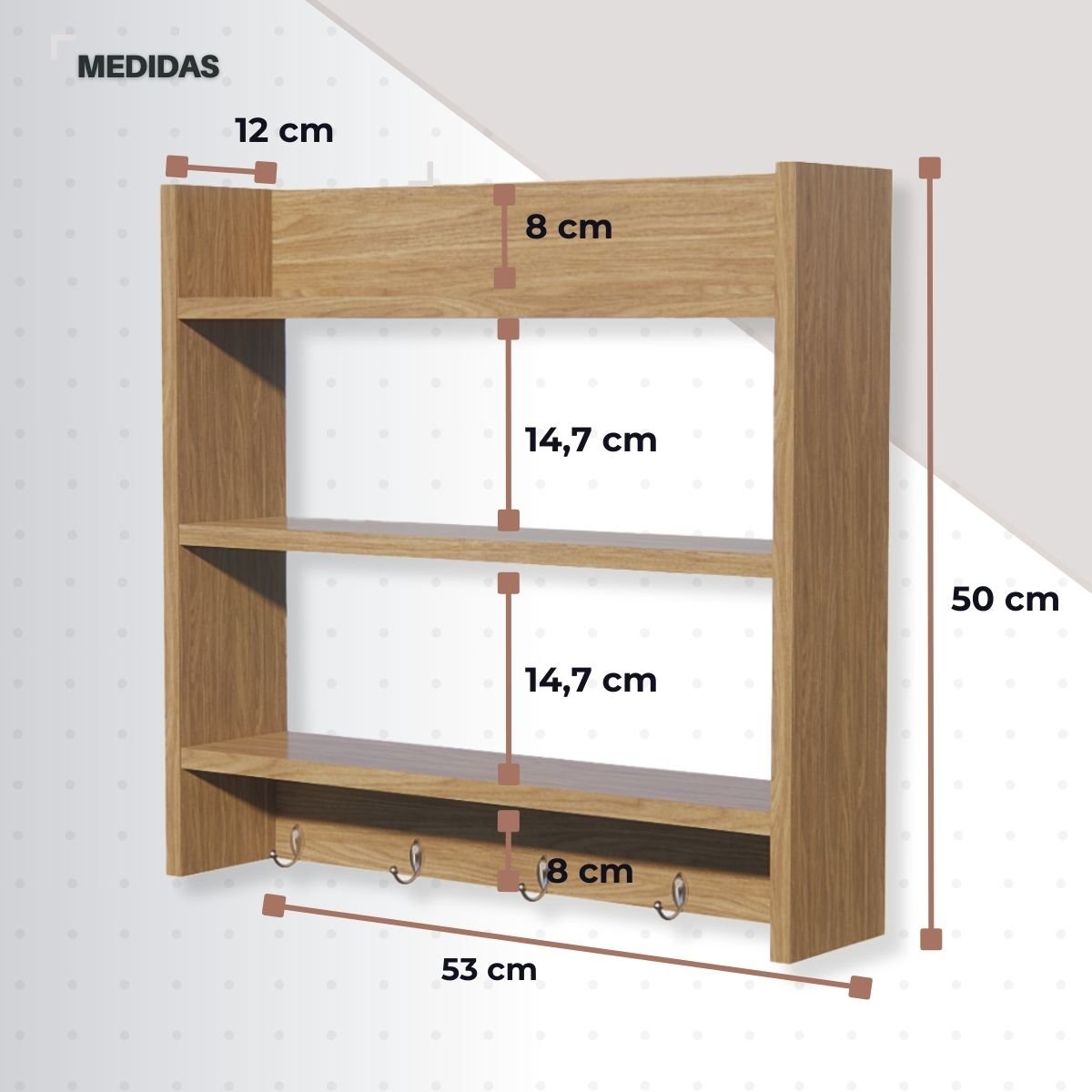 Porta Condimentos de Parede para Temperos Cor Amendoeira com 3 Prateleiras - 3