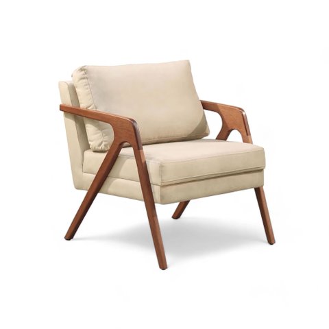 Poltrona Decorativa Mona Madeira Maciça Bege Veludo