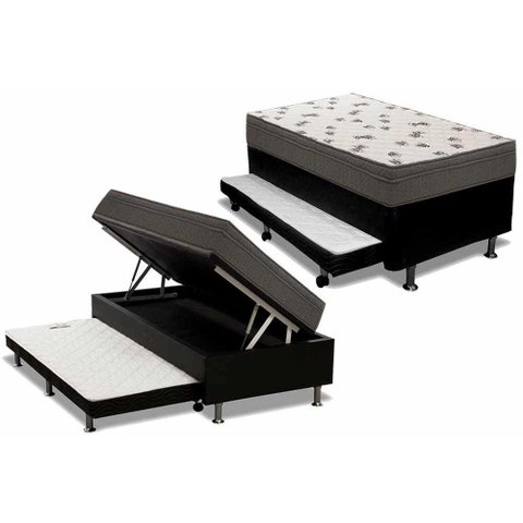 Cama Box Baú c/Auxiliar Solteiro: Colchão Espuma Ortobom D45 Light Saúde + Base CRC Courano Black