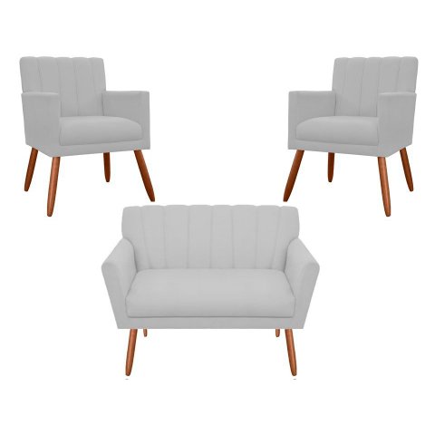 Kit Namoradeira + 2 Poltronas Decorativa Cecília Couro Branco Pés Madeira Ms Decor