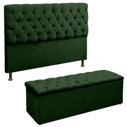 Cabeceira e Recamier Baú Lana para Cama Box Casal King 195 Cm - Suede - Sv Decor:verde