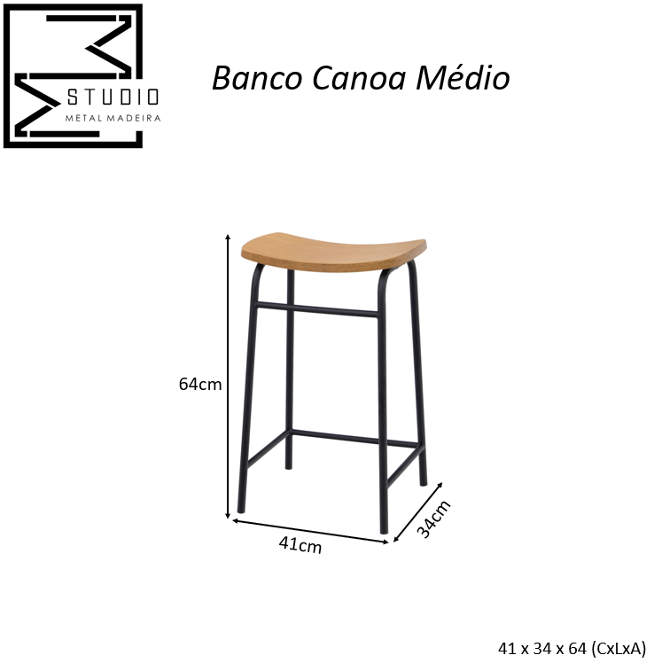 Banqueta Canoa Média Design Único Moderno Studio Metal Madeira Preto - 5
