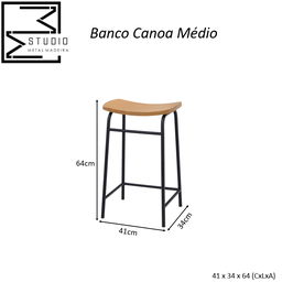Banqueta Canoa Média Design Único Moderno Studio Metal Madeira Preto - 5