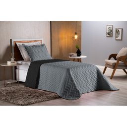 Colcha Cobre Leito Cama de Solteiro 2 Pç Dupla Face Acolchoado Microfibra Cinza e Preto - 1