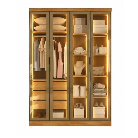 Guarda Roupa Modulado Solteiro 4 Portas 3 Gavetas e 3 Cabideiros Reflecta com LED 100% MDF Cairo