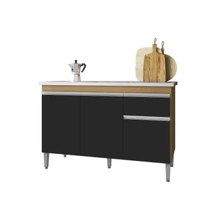 Balcão Gabinete para Cozinha Tatiane 120cm 3 Portas 1 Gaveta:amêndoa/preto