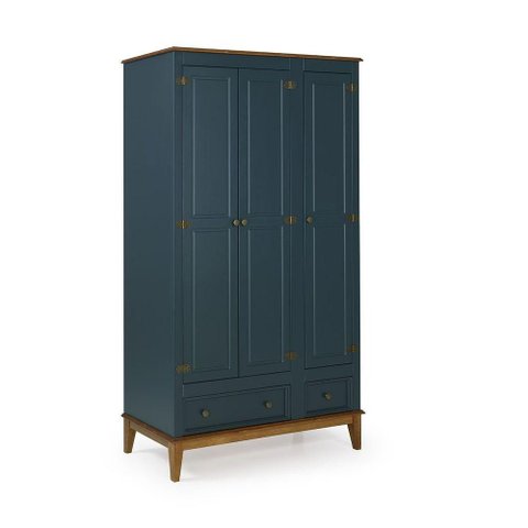 Guarda-roupa Rústico 3 Portas e 2 Gavetas - Madeira Maciça e Mdf Azul Petróleo