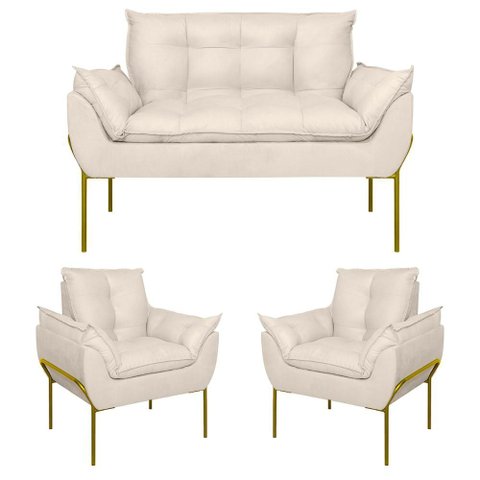 Kit 2 Poltronas + Namoradeira Pé Metal Dourado Recepção Sala Cor:bege