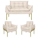 Ver imagem 1 de Kit 2 Poltronas + Namoradeira Pé Metal Dourado Recepção Sala Cor:bege