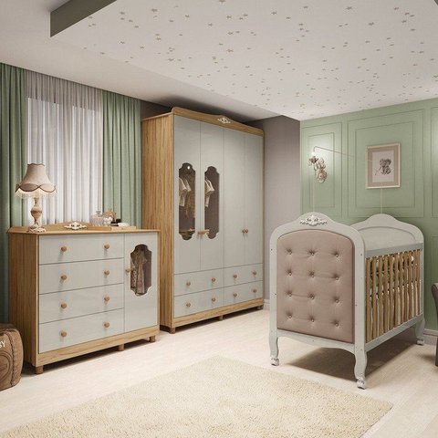 Quarto Bebê com Guarda-Roupa Cômoda e Berço com Capitonê MDF Maya Provençal Yescasa Amêndoa/Off Whit