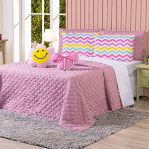 Kit Cobre Leito Colcha CASAL Menina Teen Rosa com Almofadas Estampadas 07 Peças - Dupla Face Percal 