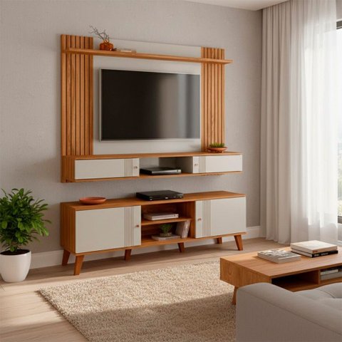 Conjunto Sala Painel Suspenso Frisado 180cm para Tv 70 Polegadas e Rack Estante Peternella Móveis