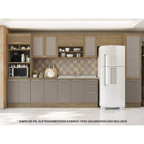 Armário de Cozinha Modulada Completa Reta 8 Peças 4,00m 191 Botanic Kappesberg - Nogueira/Fendi