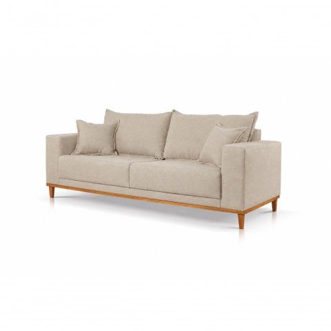Sofá Mila 2 Lugares Fixo 180cm Bege Claro Linho Base Madeira Almofada Solta