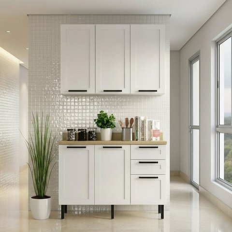 Cozinha Compacta Modulada Americana 5 Portas 3 Gavetas com Divisor de Talheres e Tampo TM4319 MDF Grazi Branco/Carvalho Tropical
