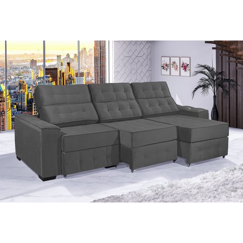 Sofá Retrátil e Reclinável 3,20m Estilo Estofados - Paris 3 Módulos com Velusoft D33 "cinza"