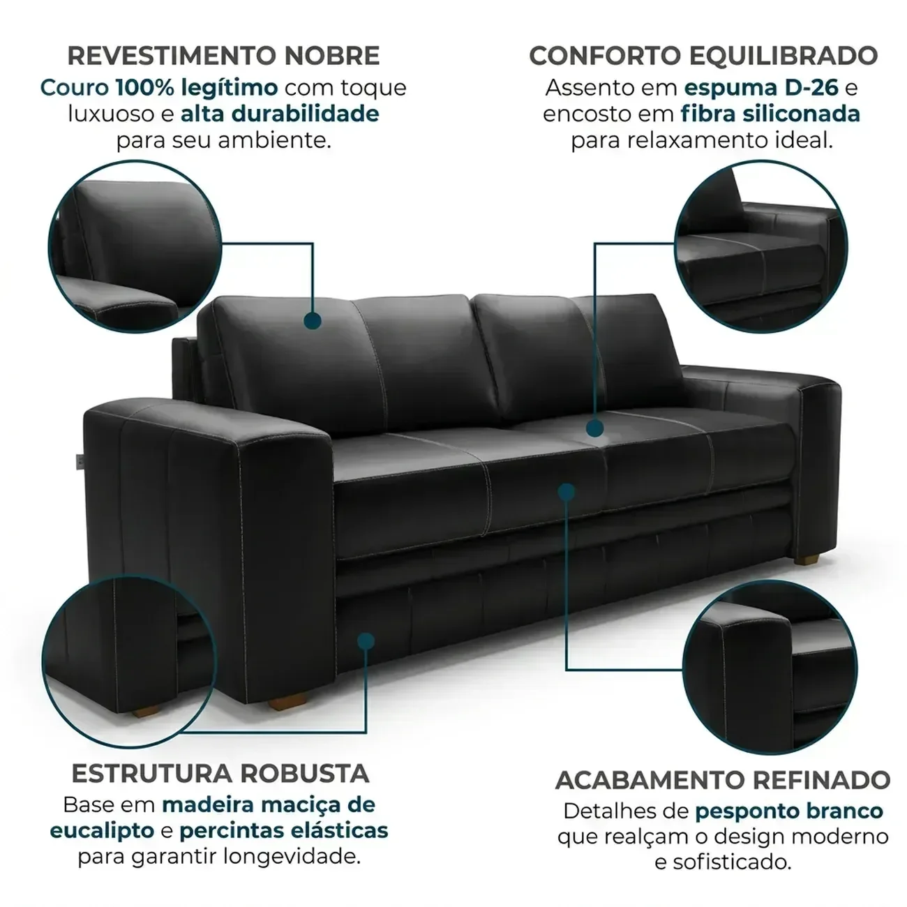 Ver imagem 4 de Sofá 3 Lugares Couro Preto Dakota