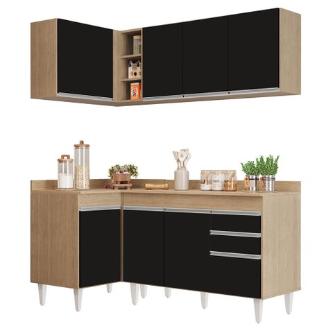 Armário de Cozinha Modulado de Canto Direito 4 Peças Cp38 Balcão com Tampo Castanho/preto - Lumil Lu