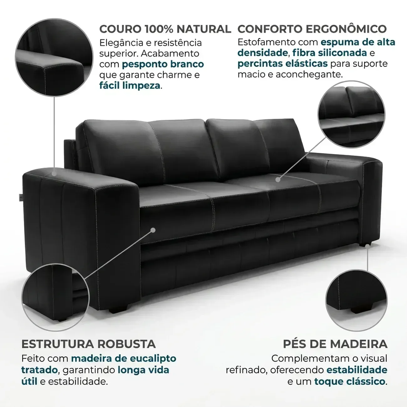 Ver imagem 4 de Sofá 2 Lugares Couro Branco Dakota Pés de Madeira