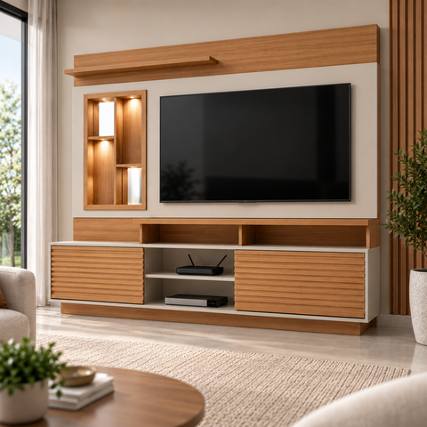 Estante Home para TV até 60 Polegadas 2 Portas Ripado Eldorado Nature e Off White