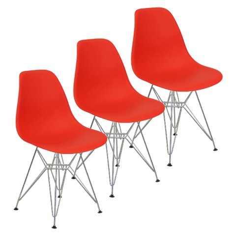 Kit 3 Cadeiras Charles Eames Eiffel Base Metal Cromado Vermelha