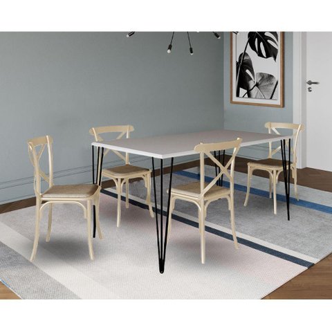 Jogo de Mesa Elen Retangular Tampo de Madeira 140x80cm Branco com 4 Cadeiras Katrina Off White