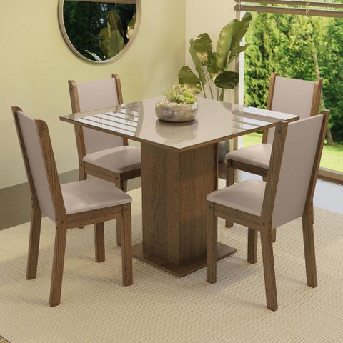 Conjunto Sala de Jantar Mesa Tampo de Vidro 4 Cadeiras Rustic/crema/bege Tifani Madesa