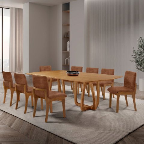 Sala de Jantar Mesa Flora 220cm Tampo Laminado Barril com 8 Cadeiras Bella