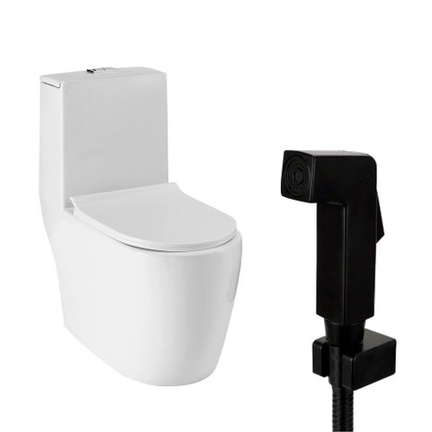 Kit Vaso Sanitário Monobloco Amazonita e Ducha Higiênica para Banheiro Jacuí - Branco e Preto