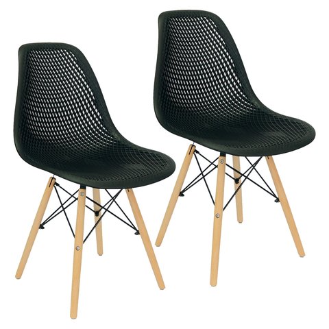 Kit 2 Cadeiras Colmeia Furadinha Heloisa Eloá Charles Eames Eiffel Base Madeira - Preta Preto
