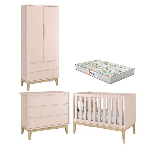 Quarto de Bebê 2 Portas e Cômoda Gaveteiro New Classic Rosa com Pés Madeira Natural e Colchão Gazin 