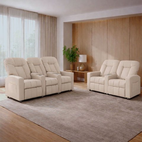 Conjunto de Poltronas Sala de Cinema Reclináveis 2 e 3 Lugares Pequim Pu Bege G23 - Gran Belo