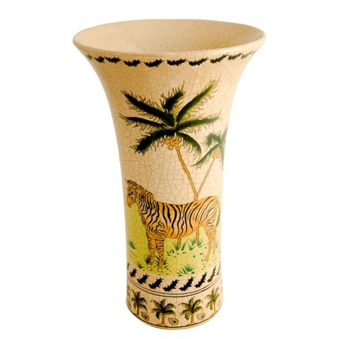 Vaso Decorativo Cerâmica Craquelada Pintado À Mão Zebra e Palmeiras 31,5cm Columbus Gold