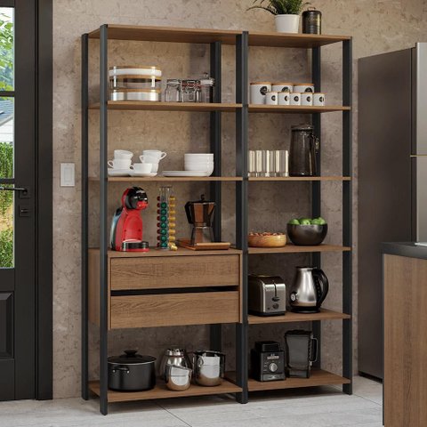 Armário Estante Multiuso Organizador 2 Gavetas 9 Prateleiras 129cm Rustic/preto Madesa