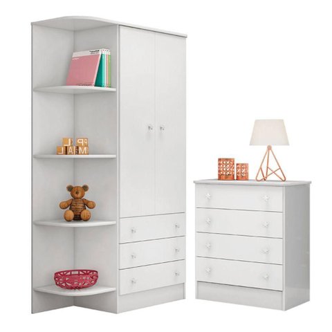 Conjunto Infantil Doce Sonho Guarda-roupa 2 Portas Cômoda 4 Gavetas Mdp Branco Qmovi