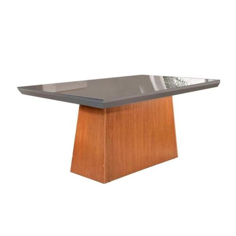 Conjunto: Mesa de Cozinha Luna Tampo Madeirado c/ Vidro Canto Reto 180x90cm e 6 Cadeiras Grécia