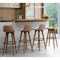 Kit 4 Banquetas Altas Luxo Versatil Aço Preto Linho Terracota Base Carvalho - 1