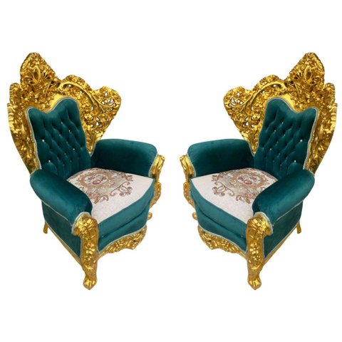Par de Poltronas Clássicas Verde com Dourado 132x90x76cm