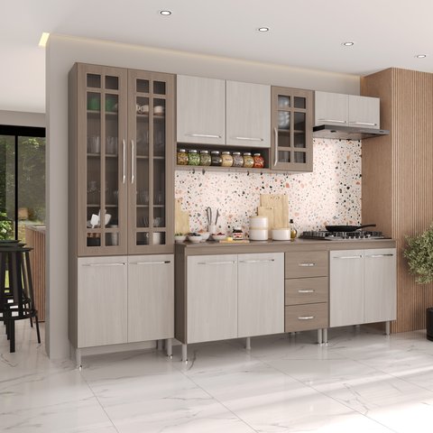 Armário de Cozinha Modulada Completa Fidelitá Paris 5 Peças 260cm 13 Portas 3 Gavetas com Tampo
