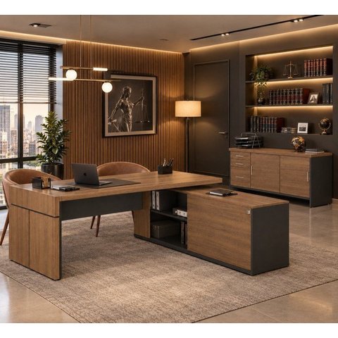 Escritório para Advocacia com Mesa Ampla e Imponente Mais Balcão com Gavetas e Porta