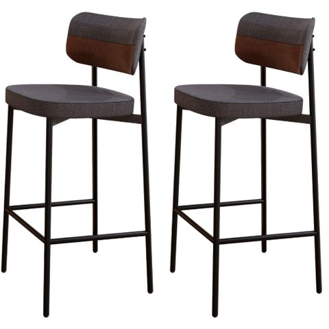 Kit 02 Banquetas Alta Bar Cozinha Sala de Jantar Aço Preto Kaira C01 Linho Preto Courino Whisky -